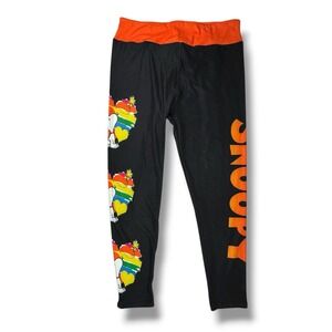 Snoopy Leggings Sz Large Cropped High Waisted Black Rainbow Hearts Stretch